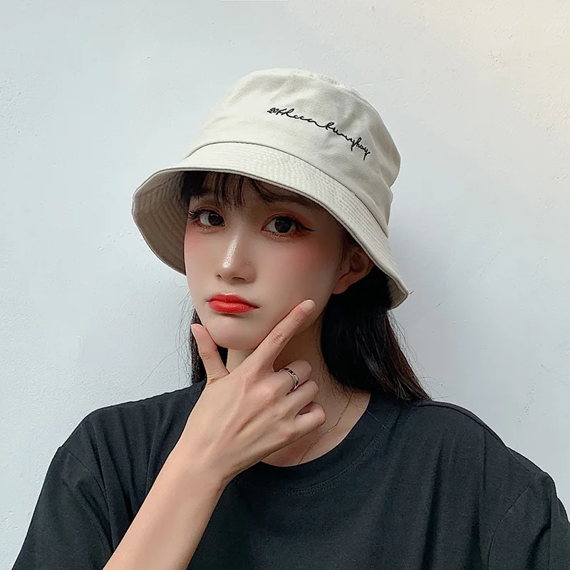 Embroidery Letters Fisherman Hat For Women Men Fashion Soild Color Cotton Bucket Hat Couple Outdoor Visors Sun Hat Hiphop Gorras