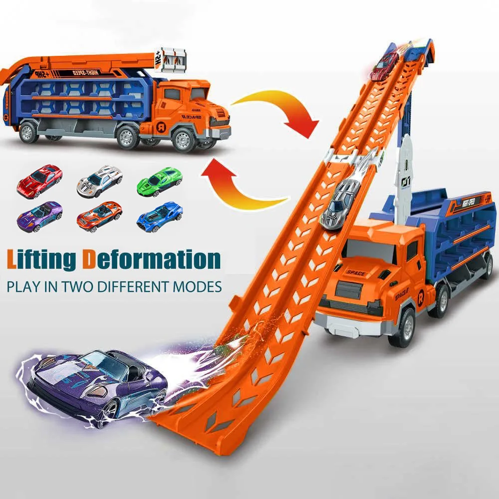 Multi functional Rail Car Toy Set - Includes 6 toy cars, roller coaster type track design, transformable truck