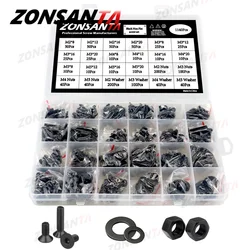 M2 M2.5 M3 M4 M5 Grade 10.9 Steel Black Hex Hexagon Socket Flat Countersunk Head Screw Allen Key Bolt Nut Washer Set Kit