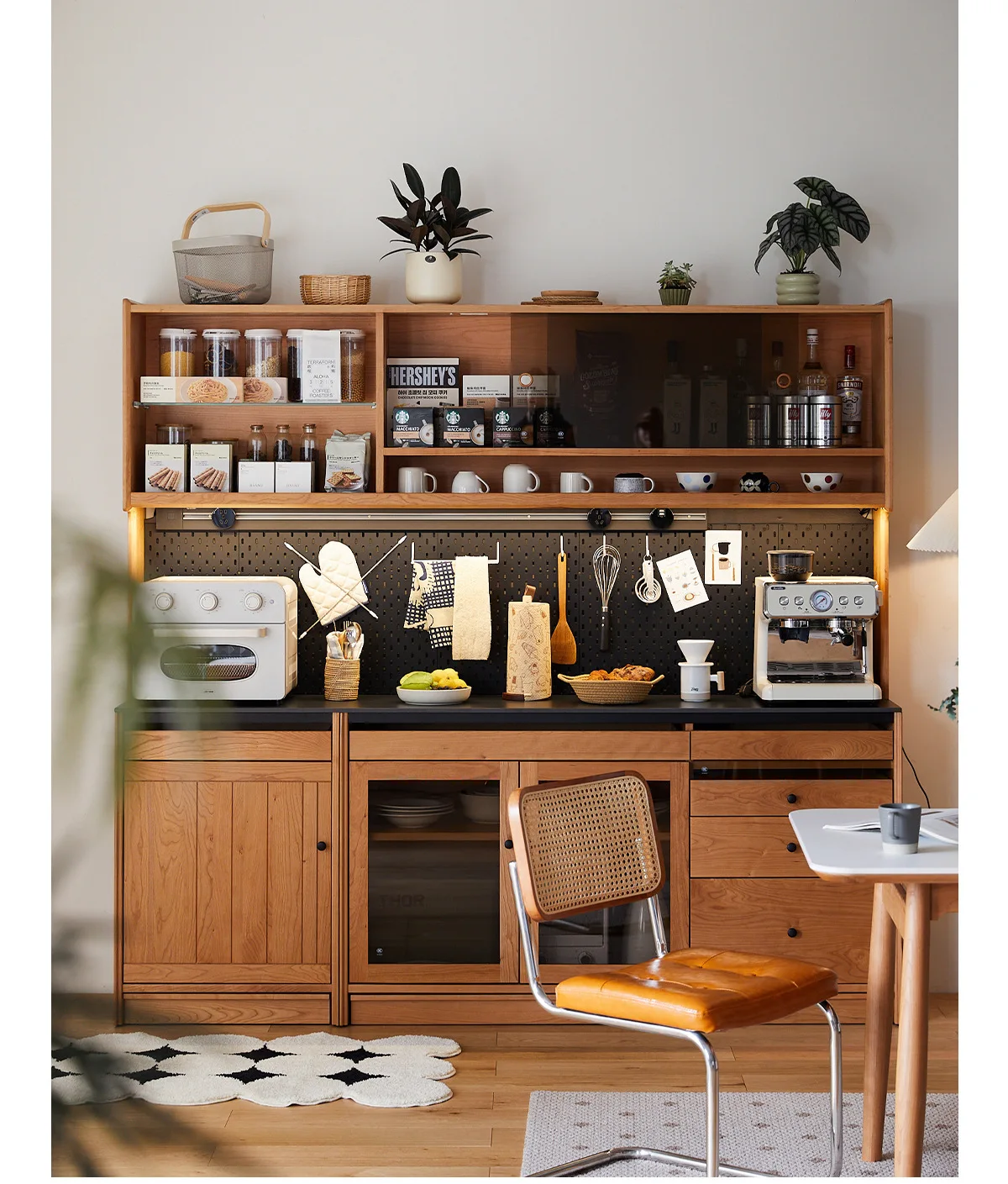 Nordic solid wood dining side cabinet cherry wood high cabinet rock slab integrated against the wall hole board storage