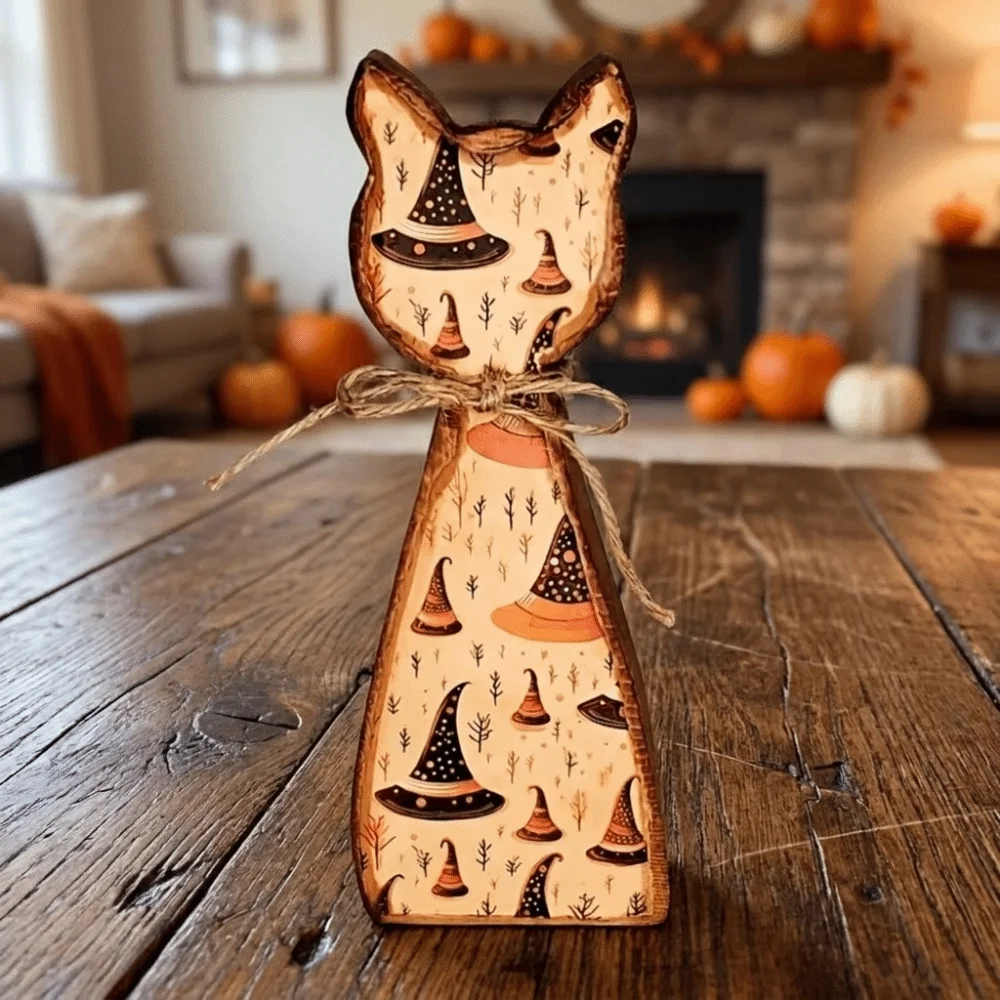 Vintage Wooden Cat Shaped Tray Double Sided Pattern Rustic Style Pumpkin Ghost Bat Ornament Cartoon Cat Statue