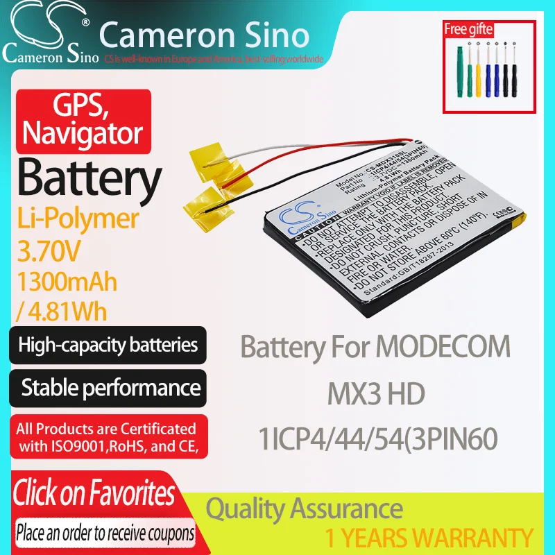 CameronSino Battery for MODECOM MX3 HD fits MODECOM 1ICP4/44/54(3PIN60 GPS,Navigator battery 1300mAh/4.81Wh 3.70V Li-Polymer