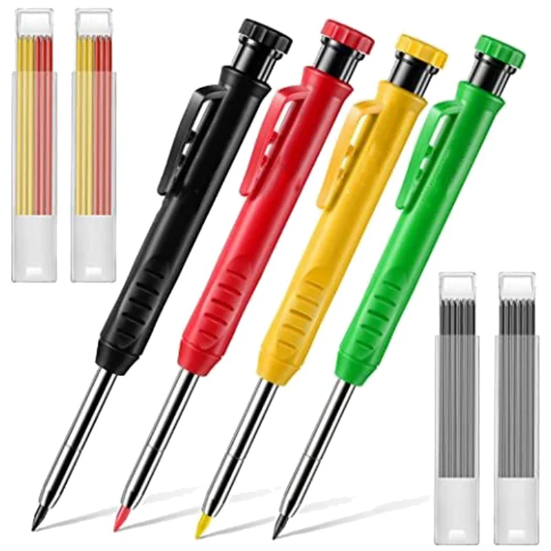 4 Pack Woodworking Pencil Set with Refill 2.8Mm Built-In Sharpener Woodworking Tools Deep Hole Construction Pencil