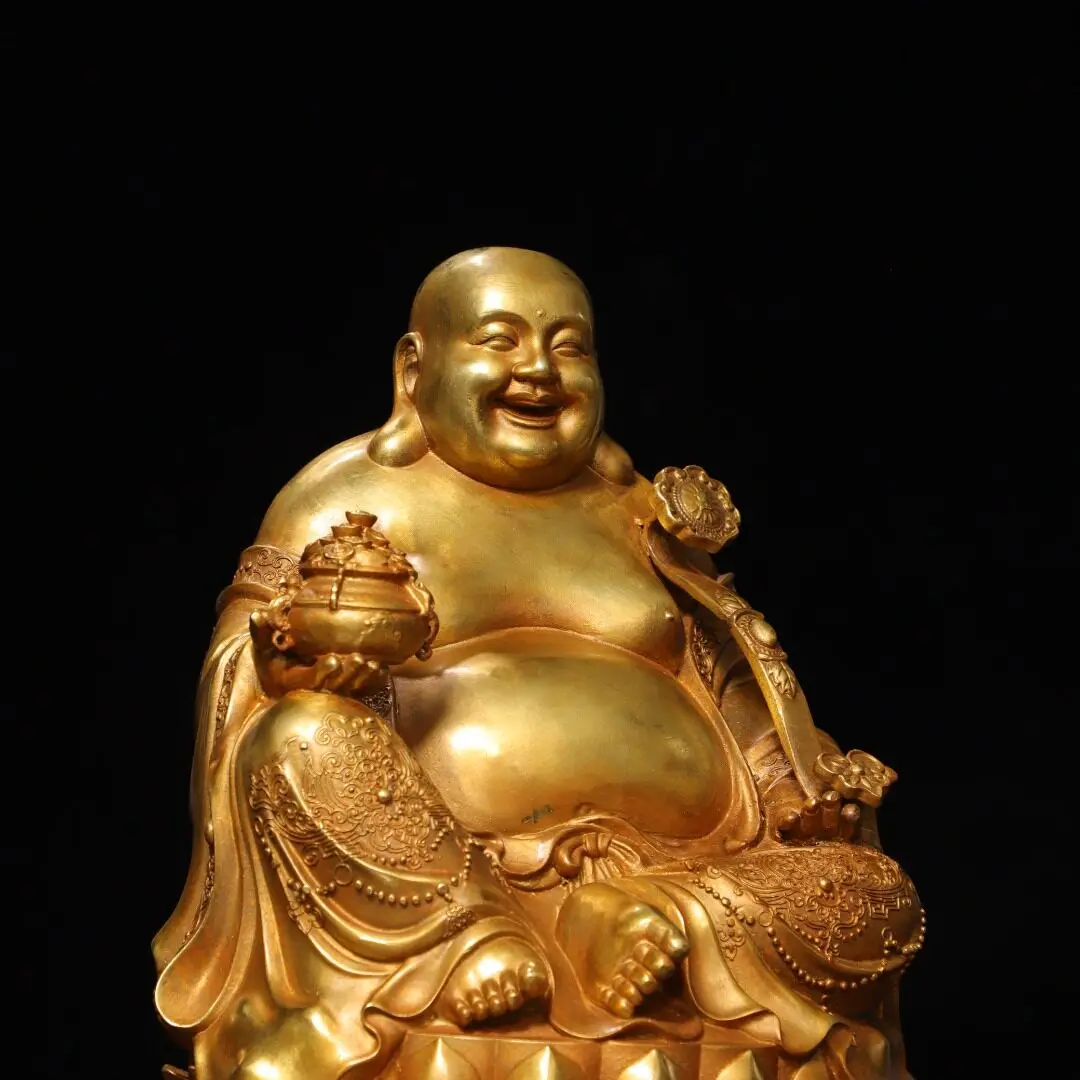 Handmade Brass Gold Plated Vintage Maitreya Buddha Sitting On Lotus Statue Home Altar Decoration Gift