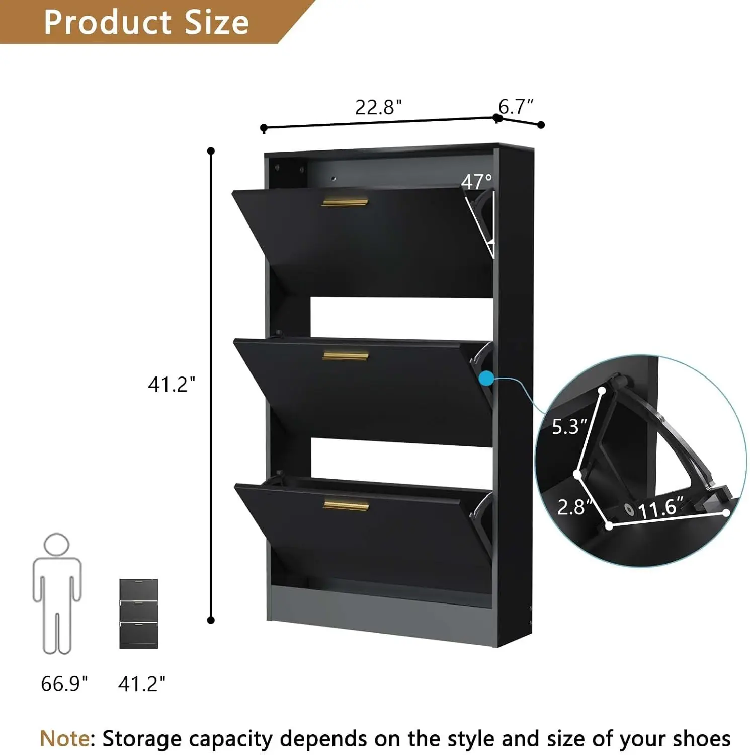 Shoe Cabinet for Entryway Slim, Narrow Shoe Storage Cabinet with 3 Flip Drawers, Wood Hidden Shoe Storage,