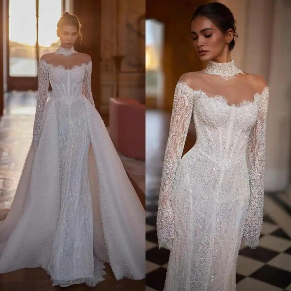 Elegant Mermaid Wedding Dresses Sequins Full Sleeve Detachable Train Lace High Quality Bridal Gowns Plus Size Customized