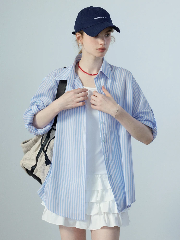 

EGGKA Blue Striped Casual irt Women's Summer New Button Simple Loose oulder Balance Versatile Slimming Top