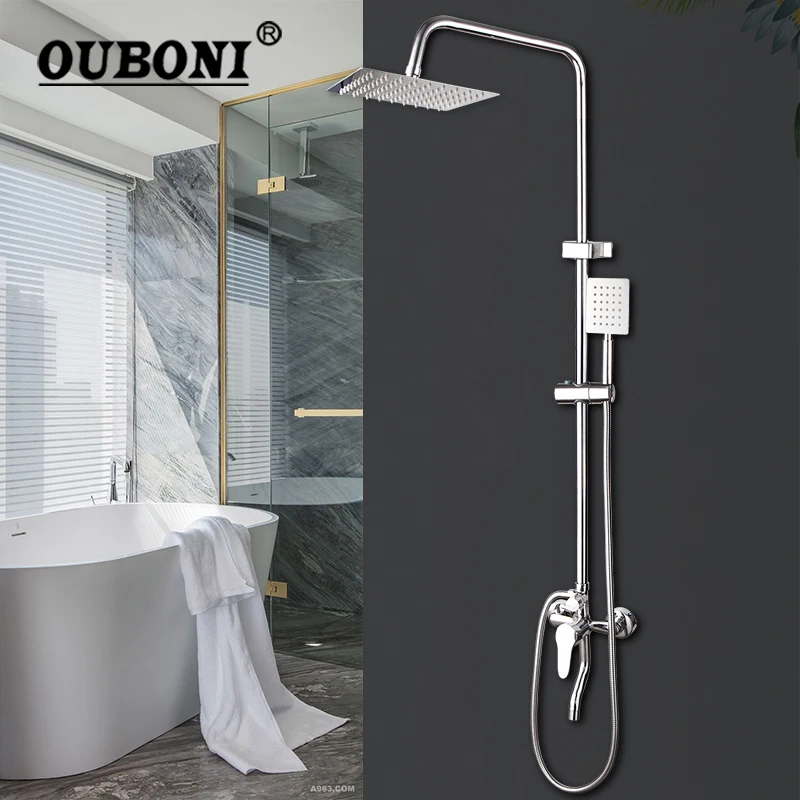 OUBONI Chrome Polish Bathroom Shower Set 8 Inch Stainless Steel Rainfall Faucet Sets 3 Functions Adjust Height Shower Systerm 