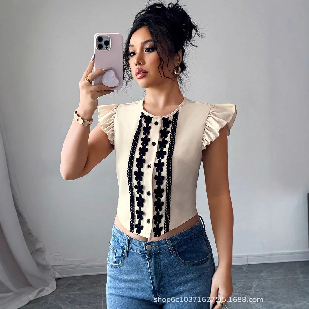 Nova Coleção 2026: Vestido Feminino Estilo Mori Girl com Bordado Azul e Branco, Gola Redonda, Cardigã Feminino de Manga Curta e Renda