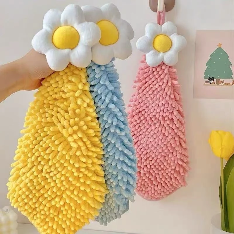 (25*30cm) Frangipani Flower Shaped Hangable Chenille Hand Towel, Creative Hand Towel for Home and Children