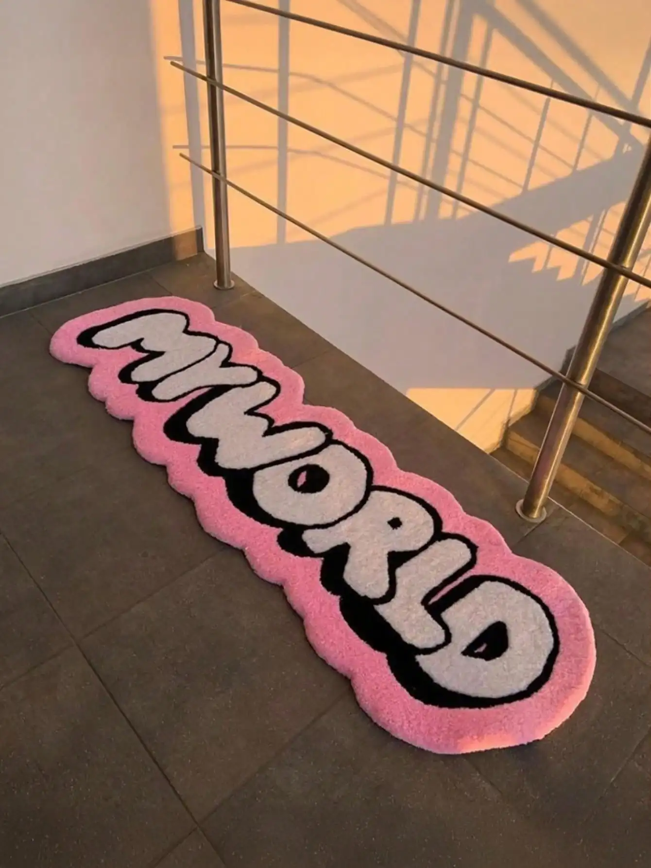 

1pc Imitation Cashmere Long Carpet With My World Fun Text Design, Machine Washable - Asymmetrical Shaped Mat,