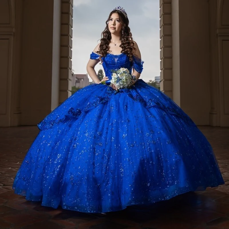 

Luxury Royal Blue Shiny Quinceanera Dresses Birthday Party Ball Gown Lace Appliques Bow Beads Off the Shoulder Vestidos De 15 An