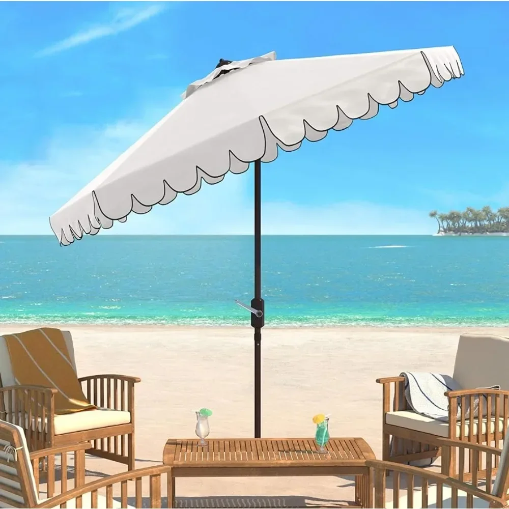 

Outdoor Garden Parasol Collection Venice Navy and White Single Scallop 9Ft Crank Outdoor Push Button Tilt Umbrella