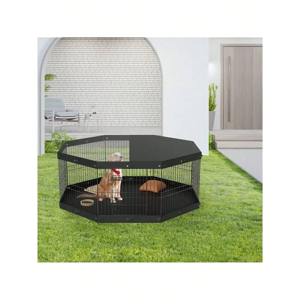 

Playpen, 8 Panels Foldable Metal Dog Exercise Pen With Top Cover And Bottom Pad, 24 H Pet Fence Puppy Crate Kennel, Indoor Outd