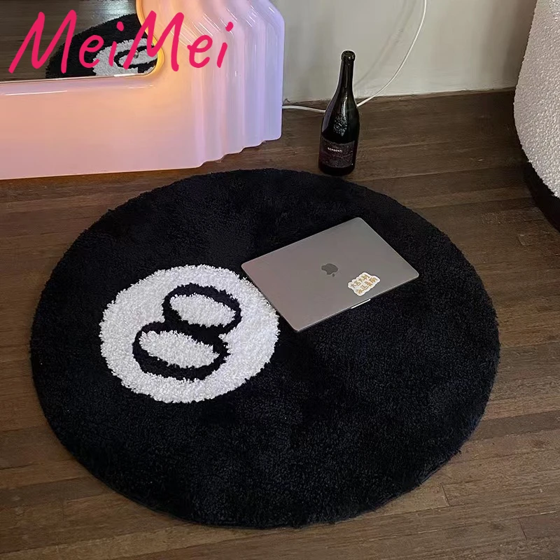 

Dirt-resistant Flocking Rug for Bedroom Living Room 2024 Creative Billiards No. 8 Pattern Carpet Simple Black Non-slip Floor Mat