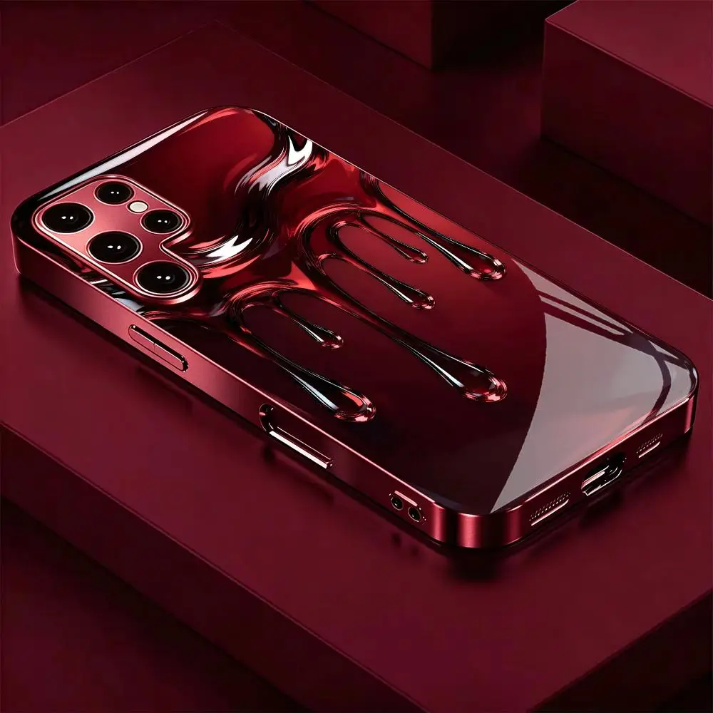 Red Liquid Drip Flow Design Phone Case for Samsung Galaxy S26 S25 S24 S23 S22 S21FE Ultra Plus Electroplated Glass Hard Shell