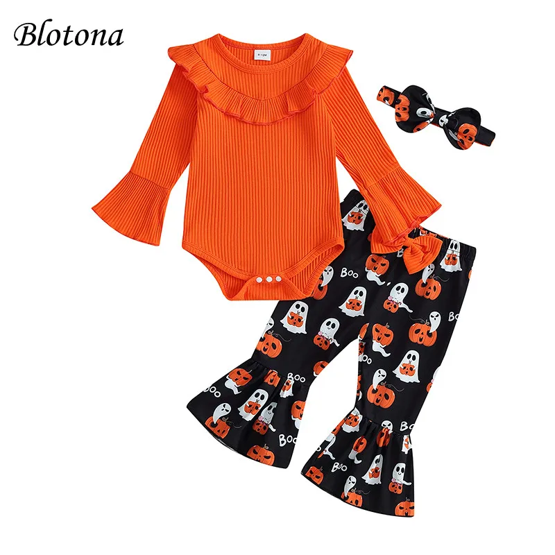 

Blotona Baby Girls Halloween Clothes Long Sleeves Romper and Ghost Pumpkin Print Flared Pants Headband 3 Pieces Outfits0-18M