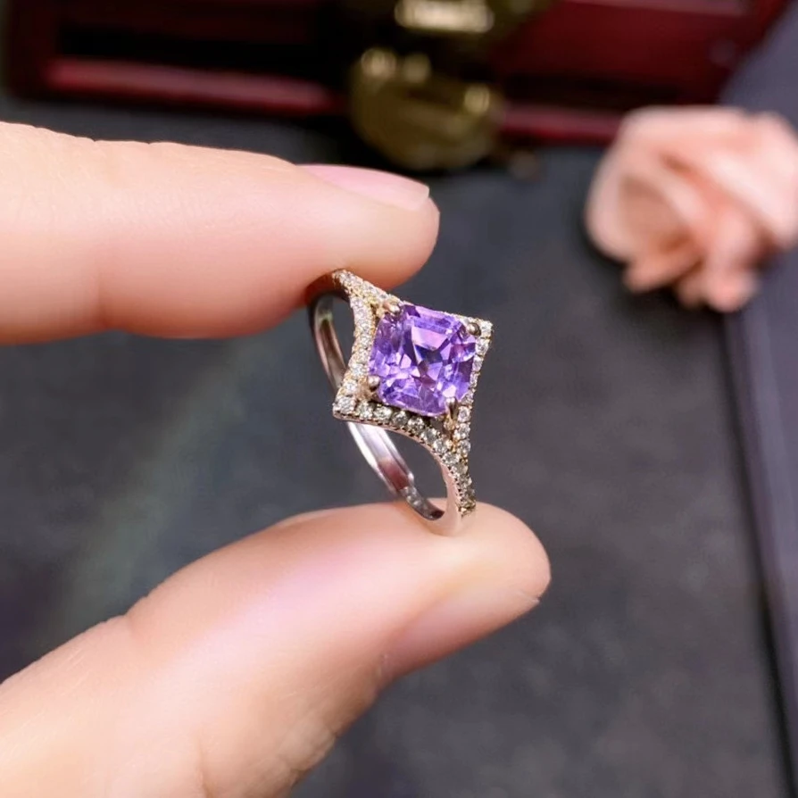 

100% Genuine Amethyst Ring 6mm*6mm 1ct Natural Amethyst 925 Silver Ring for Engagement Keep Shining Gold Plated Silver Jewelry