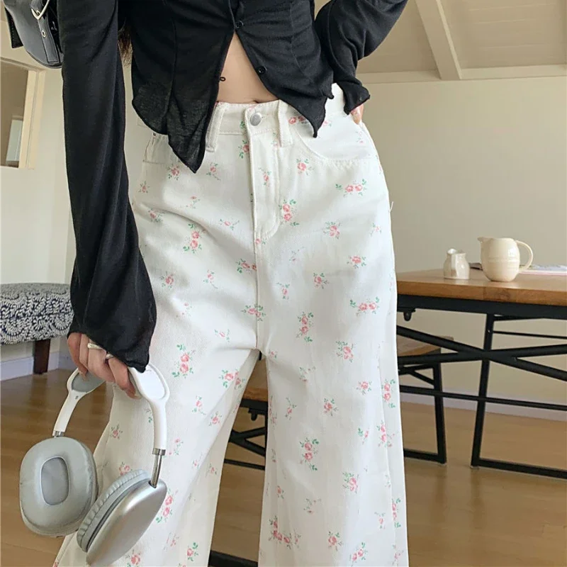 Fashion Floral Pants Women Sweet Jeans Korean Elegant High Waist Wide Leg Pants Loose All Match Lady Casual S-3Xl Denim Trousers