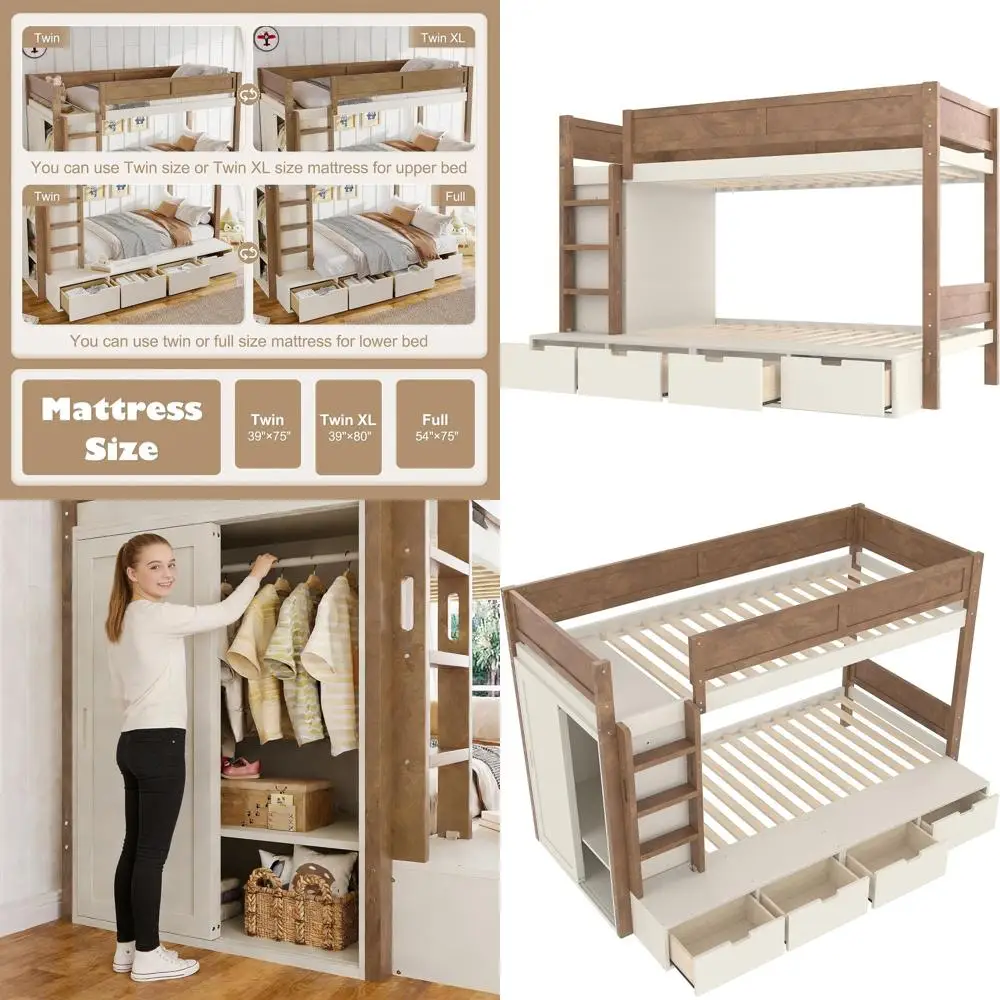 

Twin Bunk Bed with Storage, Solid Wood, Built-in Wardrobe, Shelves, Safety Rails, Kids' Beige & Natural
