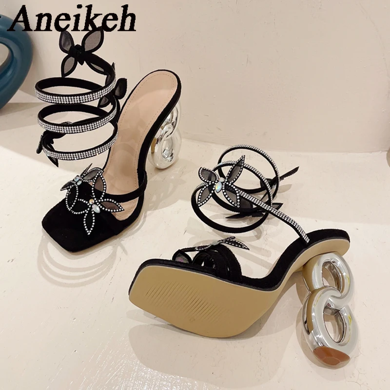 Aneikeh Strange Style Metal Fretwork Heels Gladiator Sandals Women Summer Fashion Peep Toe Butterfly Square Toe Party Dress Shoe