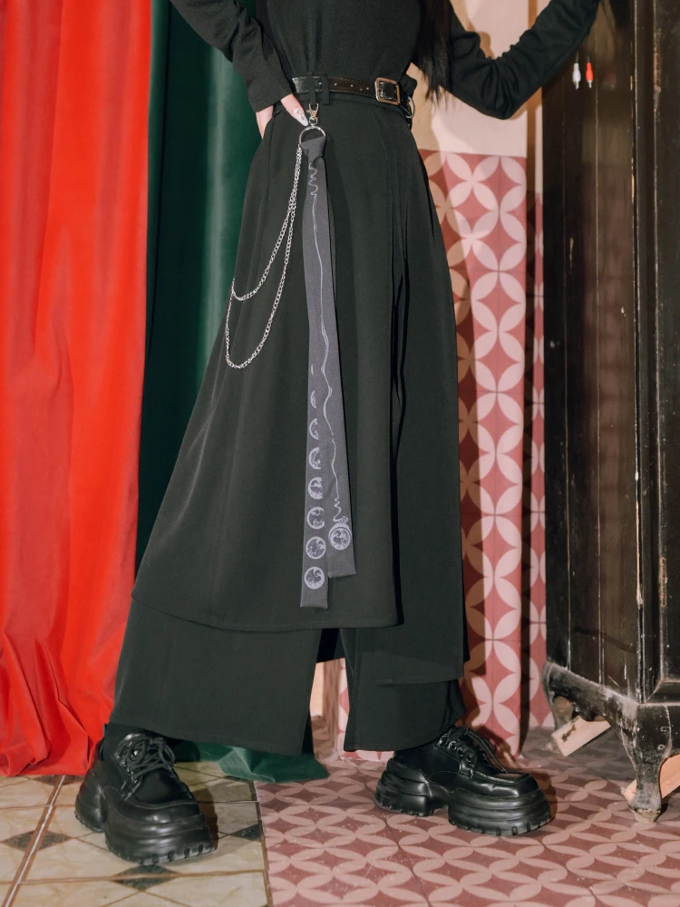

New Chinese Style Black Culottes Stitching Design National Loose Wide-Leg Pants for Women