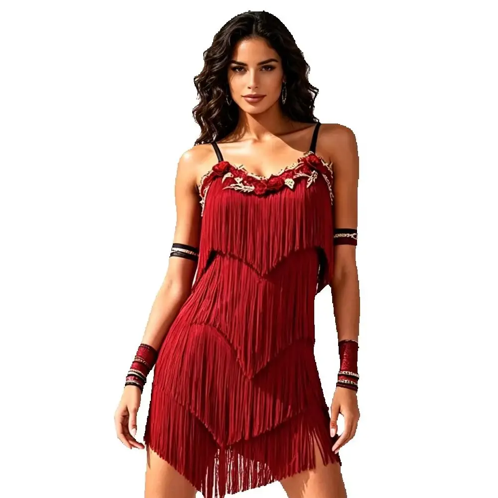 Red Backless Tassel Latin Dance Dress for Women Floral Rose Appliques Stretch Fabric for Competition Stage Performance Party Wea