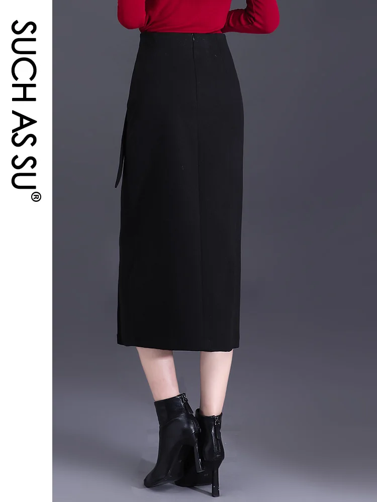 2023 Fall Winter Women Black Brown Leopard Woolen Skirts High Waist Slit Occupation S-3XL Size Mid Long Pencil Career Skirt 3246