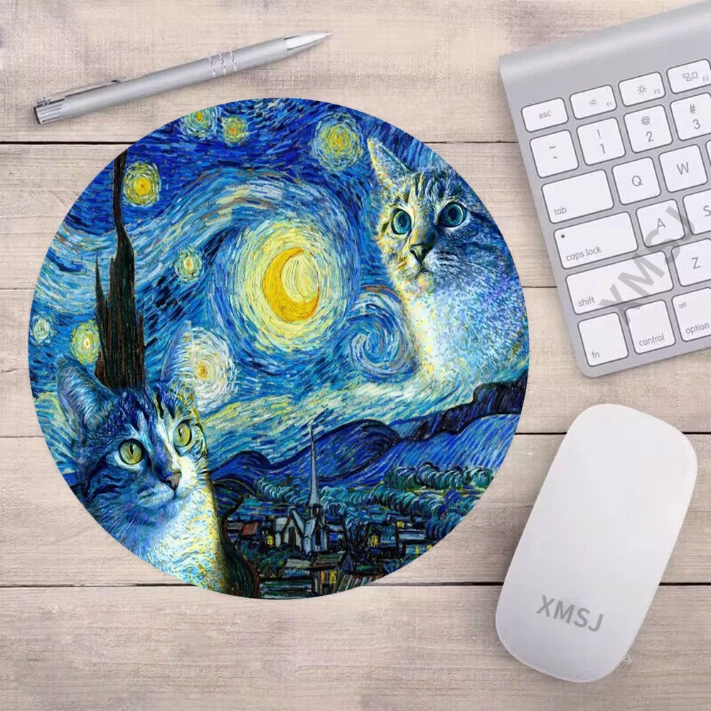 Cute Cat Mouse Pad Round 20x20cm Van Gogh Mouse Pad Gamer Retro Starry Sky Gaming Accessories Keyboard Anime Mouse Pad Desk Mat