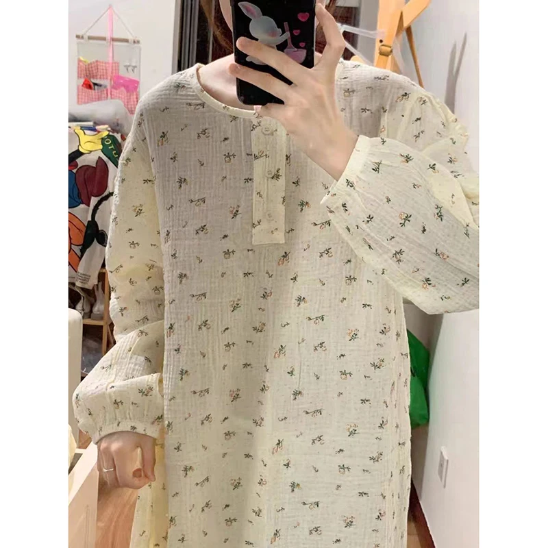 Floral Women Nightgown Button Sleepwear O-neck Nightwear Korean Fashion Night Dress Long Sleeve Autumn Ruffles One Piece Pajamas