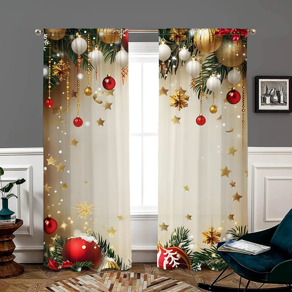 2 pieces, Christmas tree branch colored ball curtains -30% blackout - suitable for living room, bedroom, kitchen, home decoratio