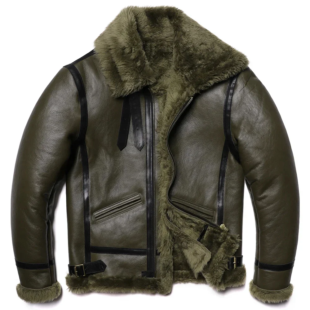 New Green Thick Sheep Shearling Wool Leather Jacket Original Ecological Fur Genuine Sheepskin Male Warm Coats Flight Jackets