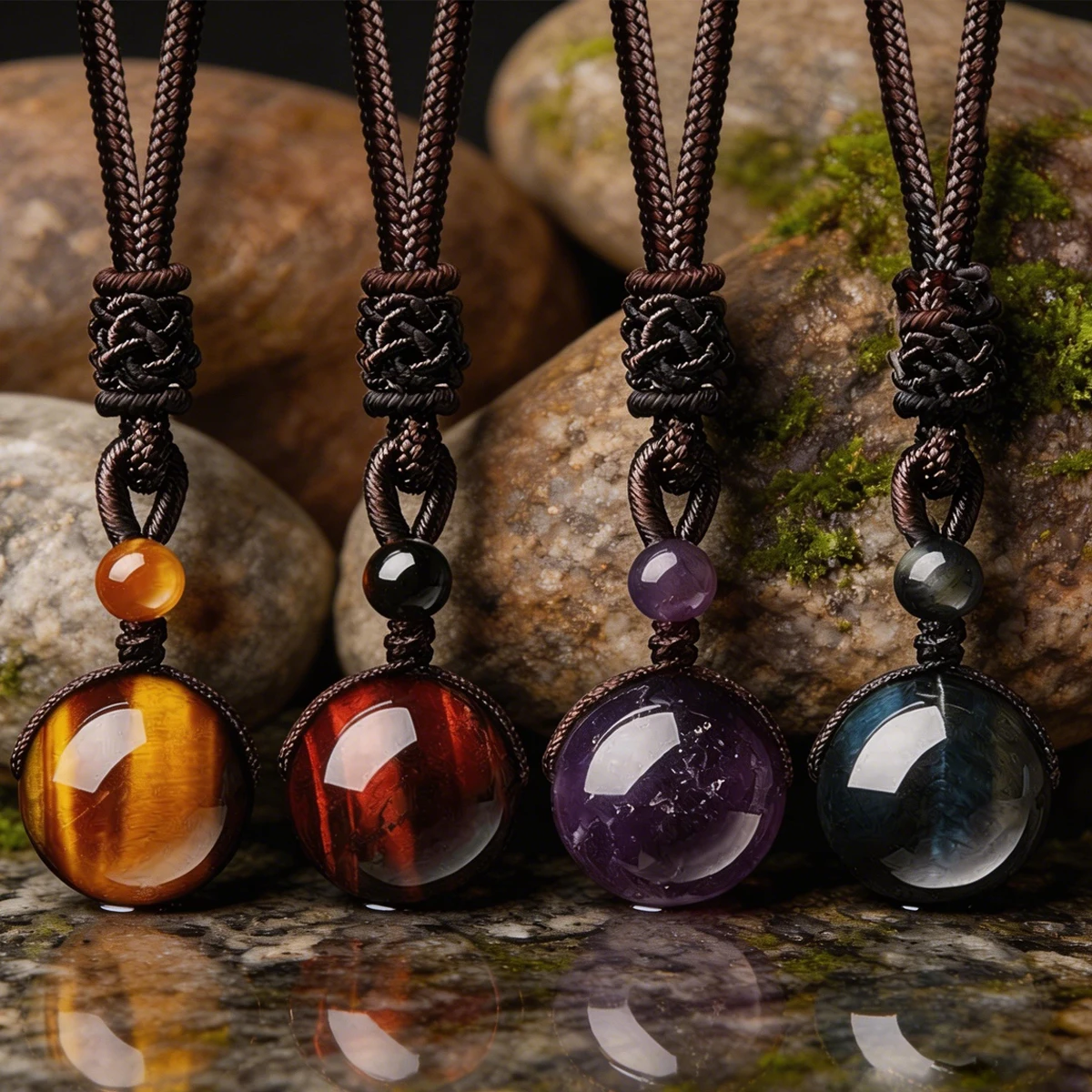 16 mm Obsidian Tiger\'s Eye Amethyst Men\'s And Women\'s Necklace Pendant Adjustable Braided Rope Natural Stone Jewelry For Gift