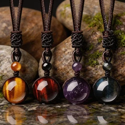 16 mm Obsidian Tiger's Eye Amethyst Men's And Women's Necklace Pendant Adjustable Braided Rope Natural Stone Jewelry For Gift