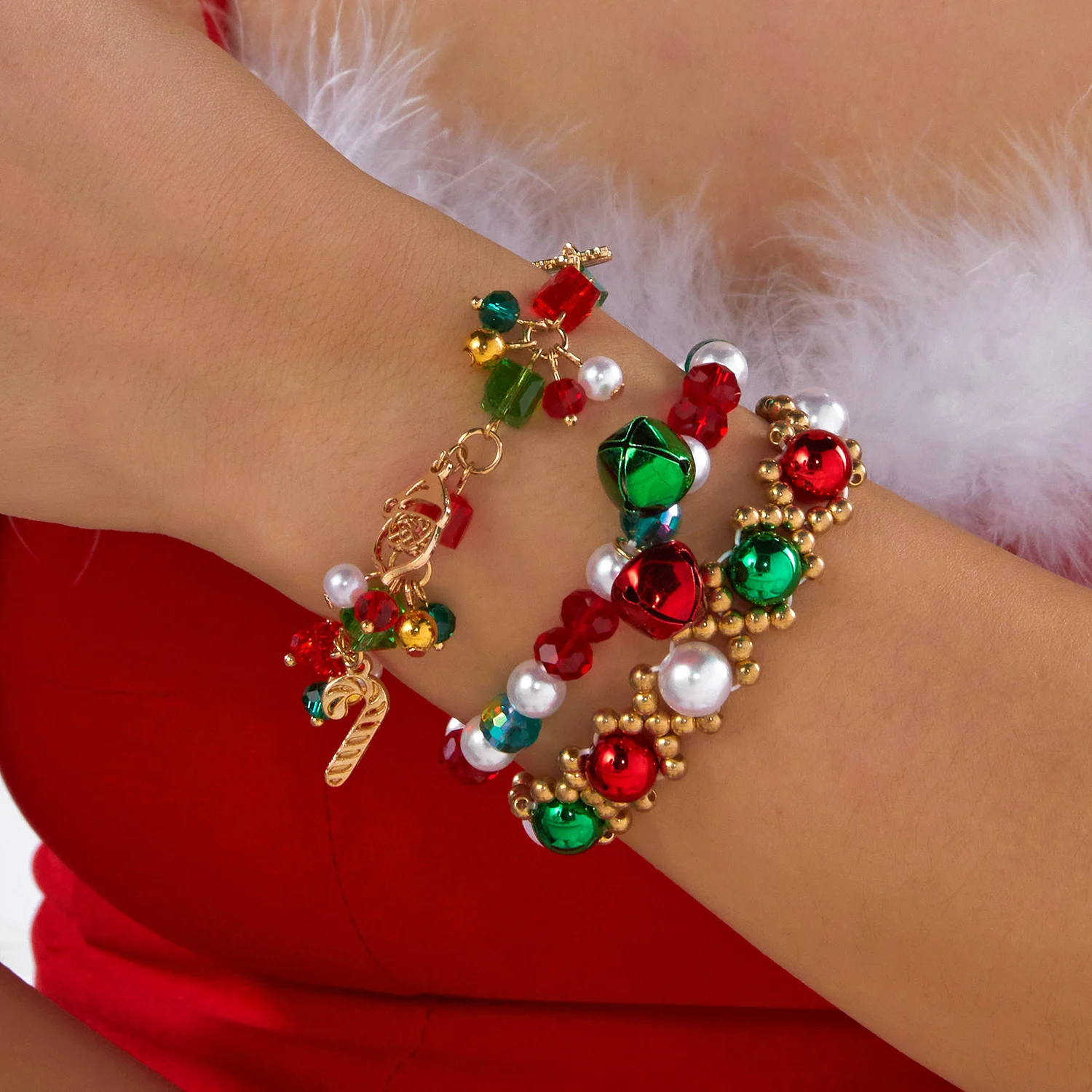 3Pcs/Set Christmas Colorful Crystal Beads Bracelet For Women Xmas Tree Santa Claus Snowflake Elk Bell Bangle New Year Jewelry