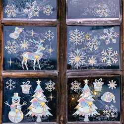1set Christmas Snowflake Elk Winter Rainbow Window Sticker Clings Decorative PVC Stained Glass Window Decals Home New Year Decor