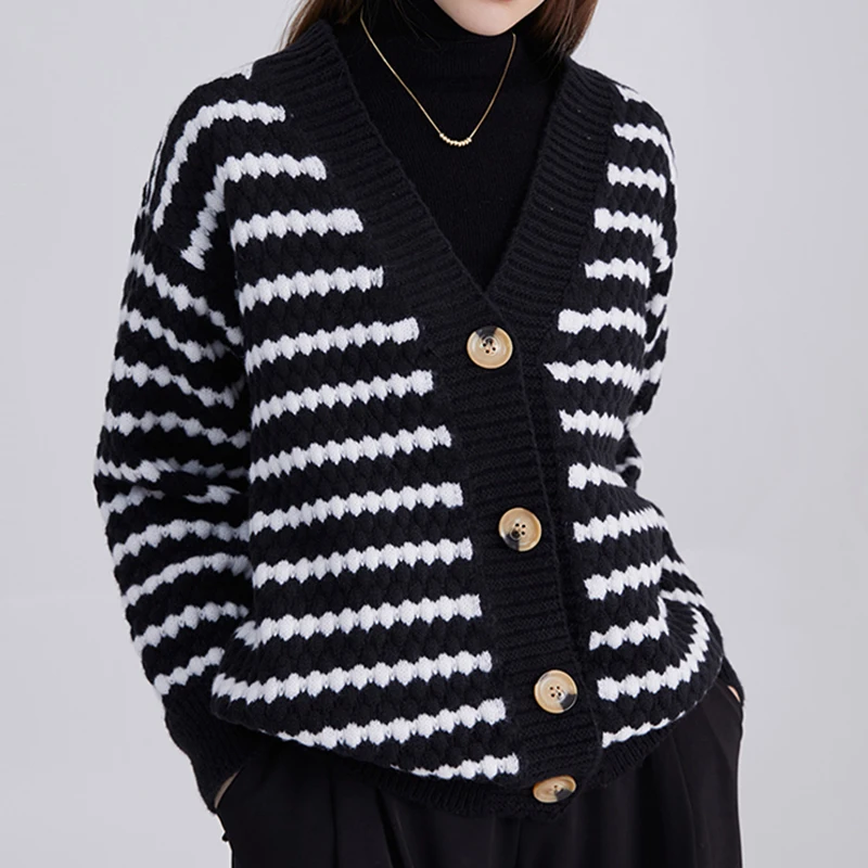 HELIAR Women Stripe Buttons Up Cardigan maglione cappotto con scollo a v lavorato a maglia cappotto Casual allentato giacca da ufficio donna 2024