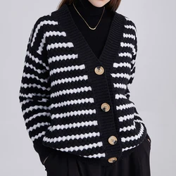 HELIAR Women Stripe Buttons Up Cardigan maglione cappotto con scollo a v lavorato a maglia cappotto Casual allentato giacca da ufficio donna 2024 autunno inverno