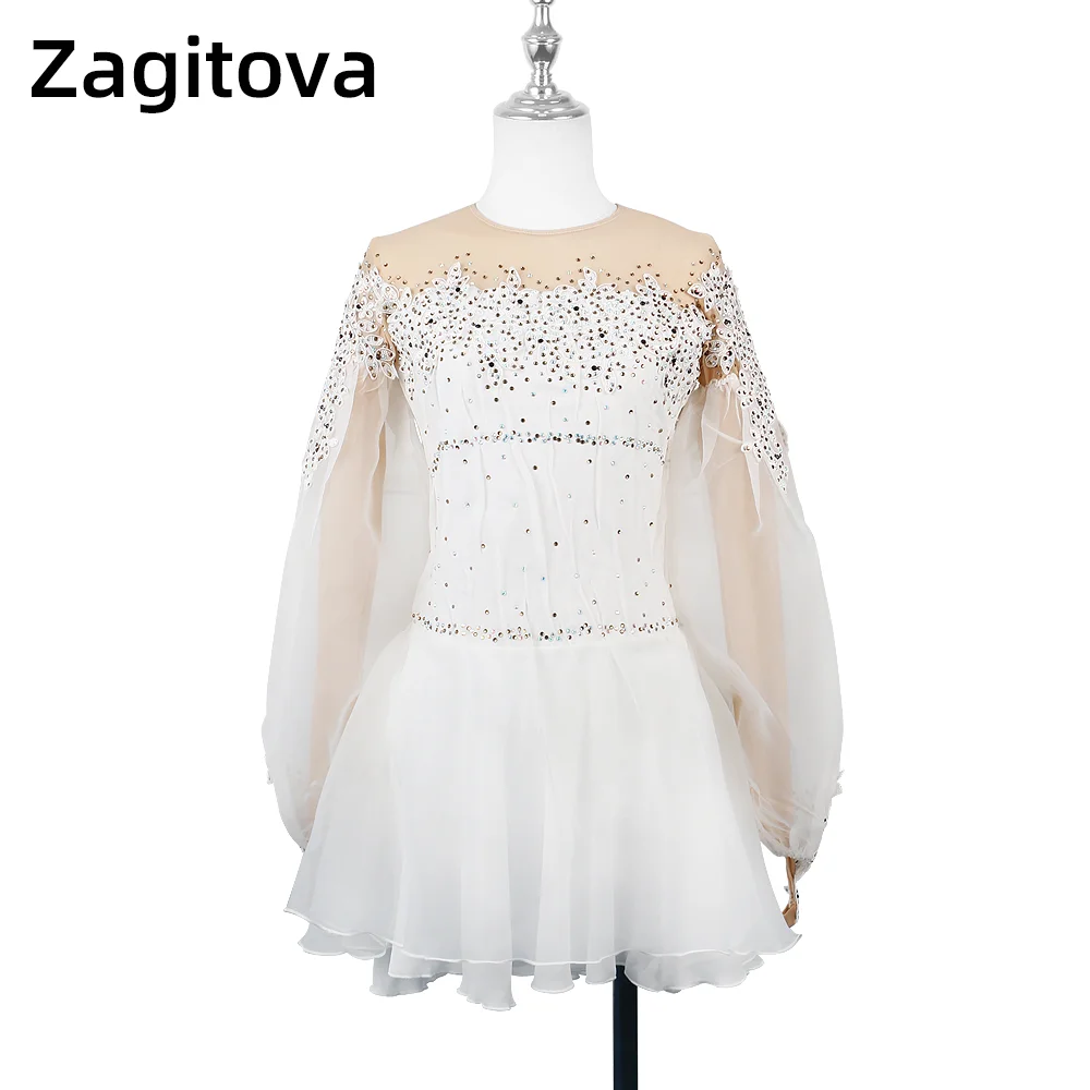 

ZAGITOVA Figure Skating Dress For Women Girls Long Sleeve Ice Figure Skating Clothes Puff Sleeve Princess Dress With Rhinestones