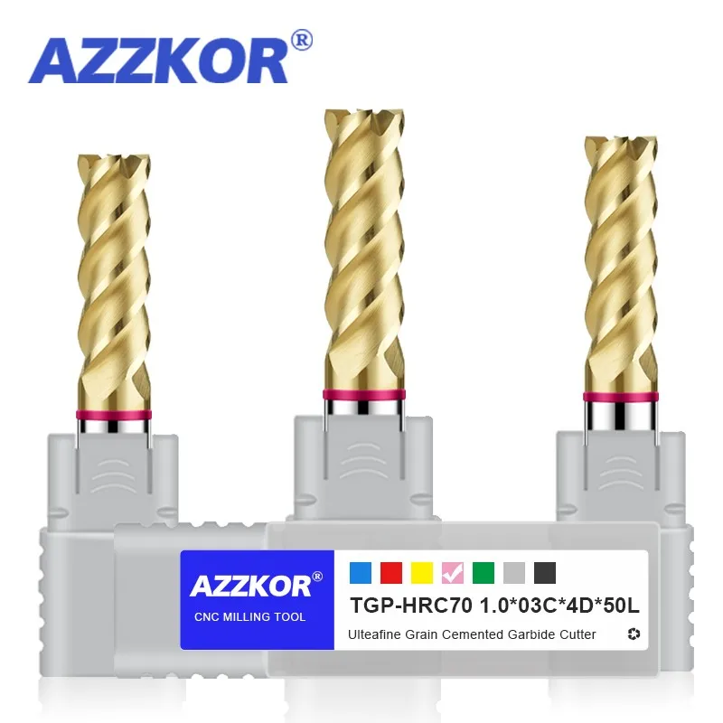 AZZKOR 4F Endmills Color-Ring Balchals AD Coating Tungsten Steel Carbide Flat Bottom Milling Cutter For CNC Mechanical TGP-HRC70