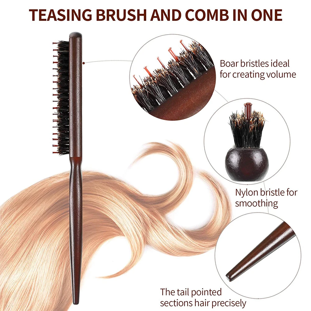 Boar Bristle Teasing Brush for Women Professional Comb Hairbrush with Tail Wood Handle Detangling Makes Hair Smooth Styling Tool