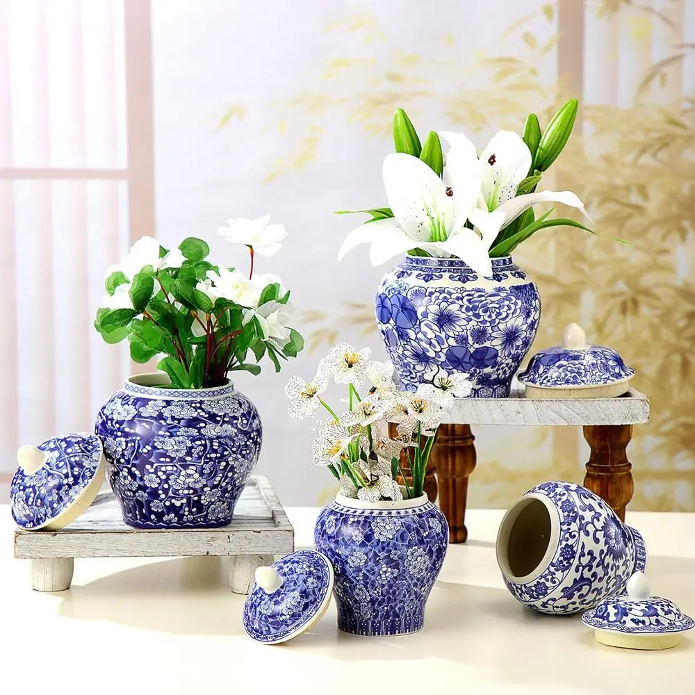 

Pair of Blue and White Chinoiserie Ginger Jars with Lids, Decorative Ceramic Flower Vases for Home or Bedroom Shelves