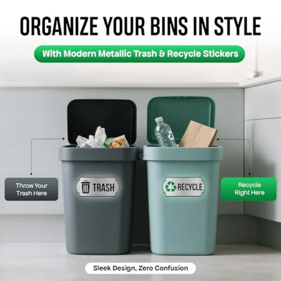 Trash and Recycle Stickers Pack Strong Adhesive, Durable, Waterproof Trash Recycle Stickers for Business and Home Use