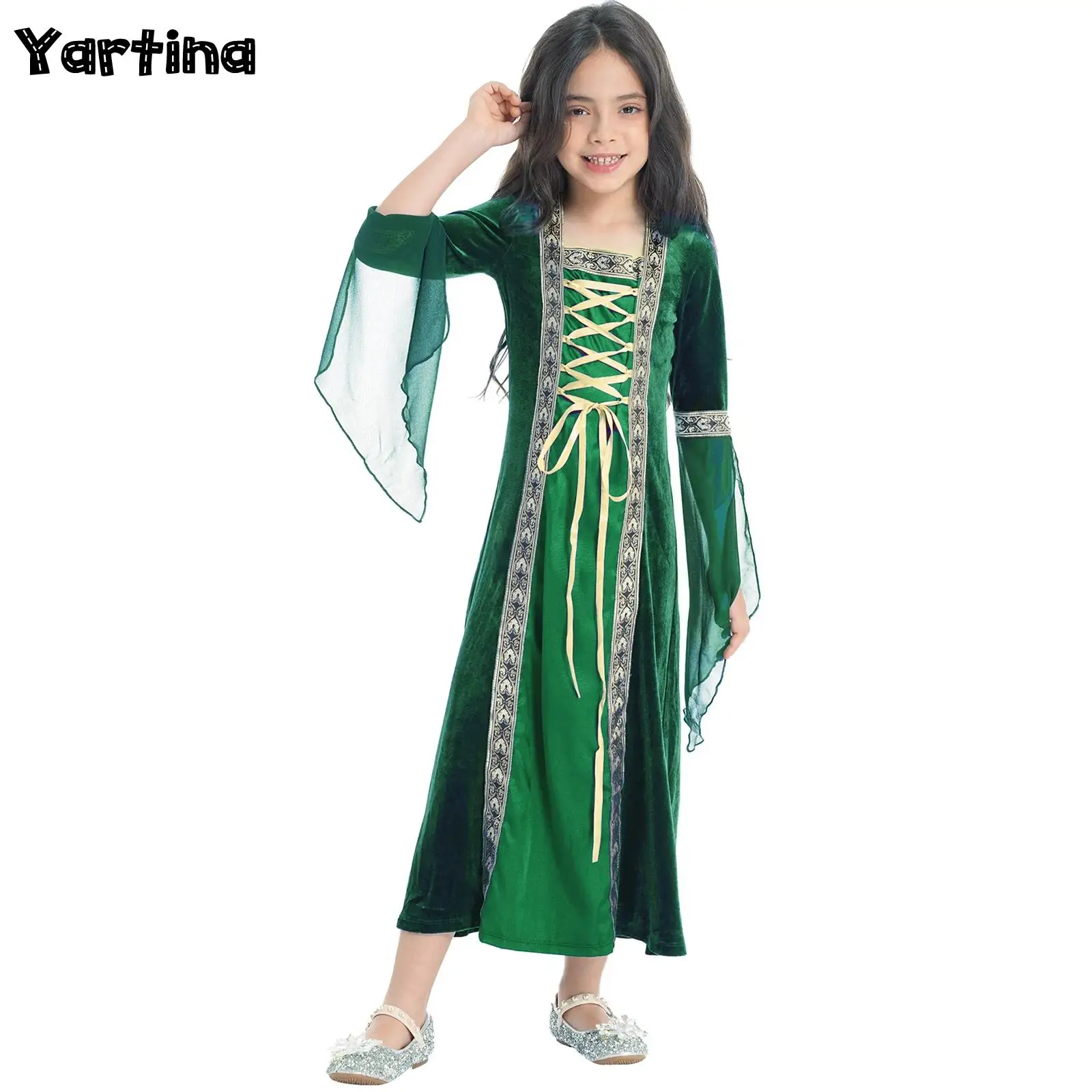 Kinder Meisjes Renaissance Cosplay Feest Kostuum Lange Mouw Voorkant Bandjes Zelf Stropdas Vintage Royal Court Patroon Prinses Lange Jurk