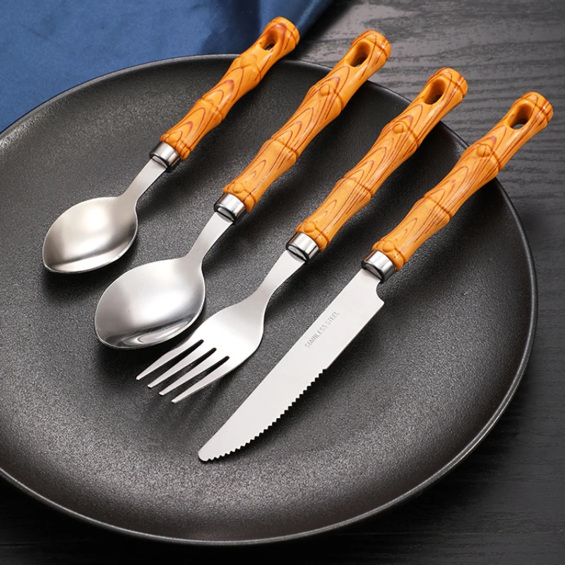 Wood Grain Stainless Steel Tableware Food 24 PCs Cutlery Set Western 24 PCS Knife Fruit Fork Spoon Portable Flatware Cutlery