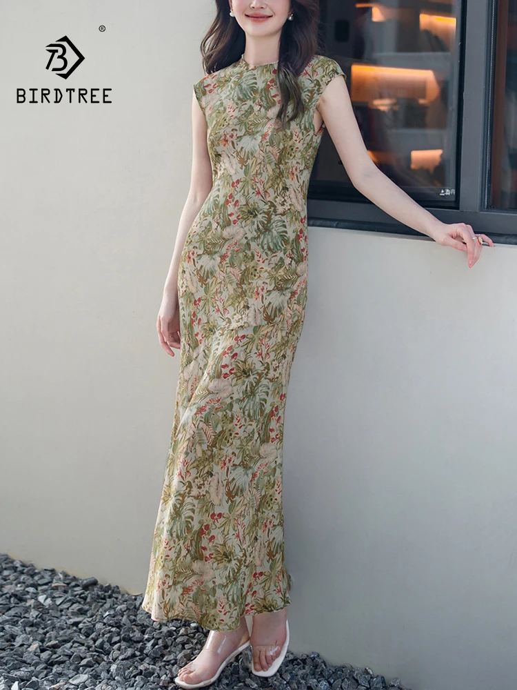 

BirdTree, 100%Real Silk Elegant Trumpet Dress, Women Short Sleeve Printed, Retro Commute Cheongsam, 2024 Summer Autumn D466106QC