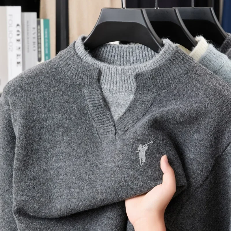 2025 New Woolen Sweater Men's Fake Two Piece Loose Knit Thick Embroidered Horse Logo Cashmere Sweater Youth Base Sweater