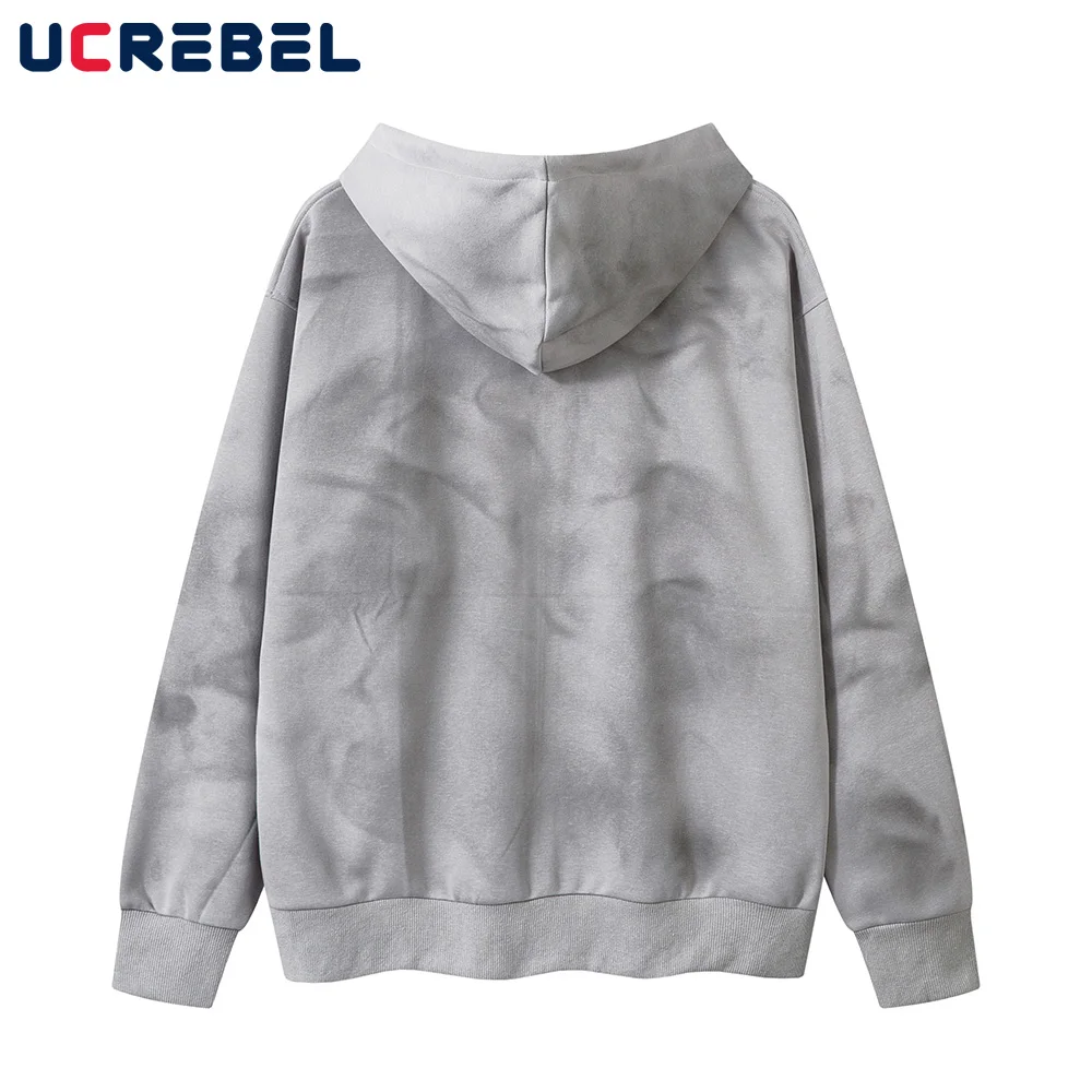 Letter Print Washed Distressed Hoodies Mens Autumn High Street Loose Long Sleeve Zipper Fly Hooded Sweatshirts Men Outerwear