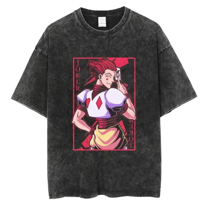 

Hot Anime HUNTER×HUNTER Hisoka Graphic Print Tee Men Women Manga T-shirts Vintage Washed Cotton Tshirt Harajuku Male T Shirt