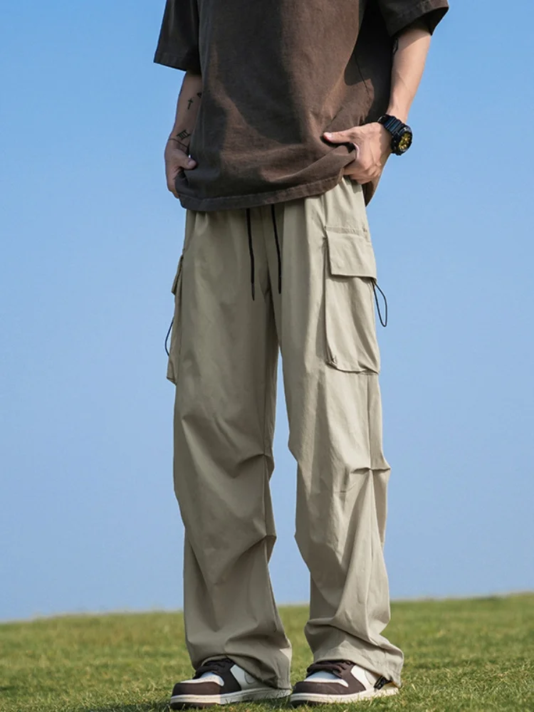 

Американские летние тонкие брюки-карго из ледяного шелка для мужчин, повседневные спортивные брюки с широкими штанинами и шнурком